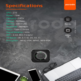 Porodo 4G / LTE Home & Outdoor Portable Router – Portable Internet for Home, Travel & Outdoor Use