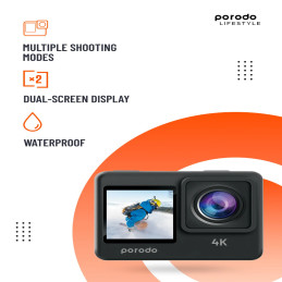 Porodo Lifestyle UHD Dual Display Action Camera – 4K, Waterproof, Dual‑Screen, Wi‑Fi