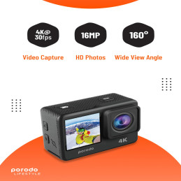 Porodo Lifestyle UHD Dual Display Action Camera – 4K, Waterproof, Dual‑Screen, Wi‑Fi