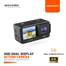 Porodo Lifestyle UHD Dual Display Action Camera – 4K, Waterproof, Dual‑Screen, Wi‑Fi
