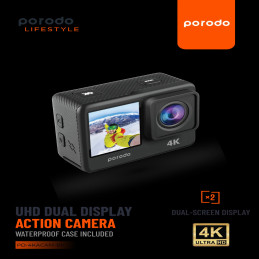 Porodo Lifestyle UHD Dual Display Action Camera – 4K, Waterproof, Dual‑Screen, Wi‑Fi