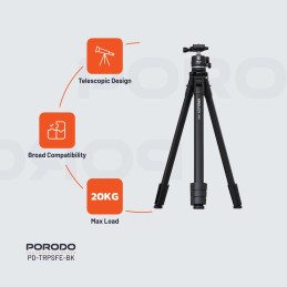 Porodo Ultra-Light Aluminum Tripod – Adjustable Telescopic Camera Stand, 360° Pan-Tilt & 20 kg Load