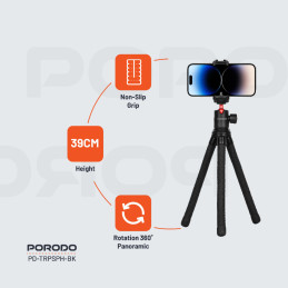 Porodo Flexible Tripod Stand – Foldable, Lightweight Camera & Smartphone Tripod, 1/4″ Mount