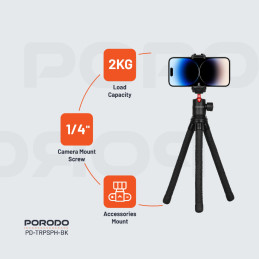Porodo Flexible Tripod Stand – Foldable, Lightweight Camera & Smartphone Tripod, 1/4″ Mount