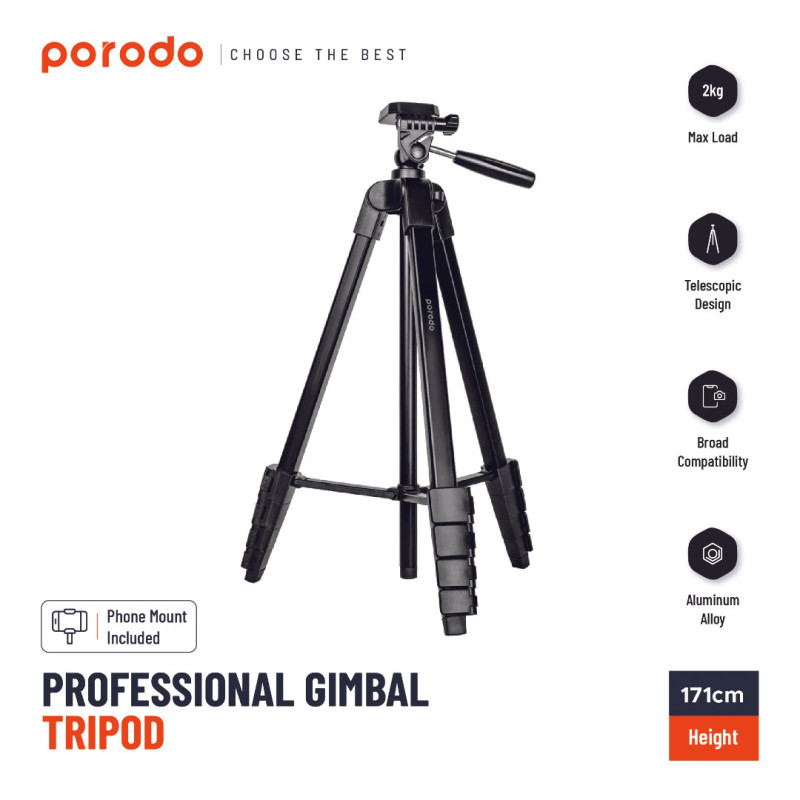Porodo Professional Gimbal Tripod 171 cm – Heavy-Duty Camera Stand, Height Adjustable, 360° Rotation