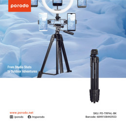 Porodo Professional Gimbal Tripod 171 cm – Heavy-Duty Camera Stand, Height Adjustable, 360° Rotation
