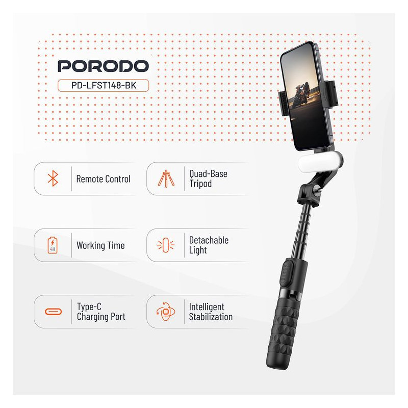 Porodo QuadBase Gimbal Stabilizer – 3‑Axis Motorized Smartphone Stabilizer, 8–10h Battery, Multiple Shooting Modes