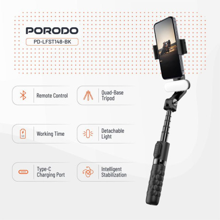 Porodo QuadBase Gimbal Stabilizer – 3‑Axis Motorized Smartphone Stabilizer, 8–10h Battery, Multiple Shooting Modes