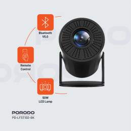 Porodo Wireless Mirroring Multi‑Angle Projector – Full HD, 40–130″, WiFi/Bluetooth Mirroring, Android Smart Projector