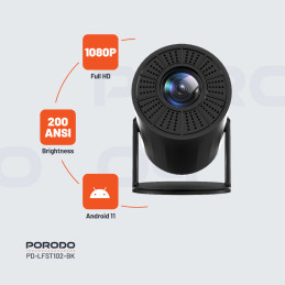 Porodo Wireless Mirroring Multi‑Angle Projector – Full HD, 40–130″, WiFi/Bluetooth Mirroring, Android Smart Projector