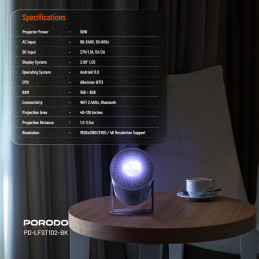 Porodo Wireless Mirroring Multi‑Angle Projector – Full HD, 40–130″, WiFi/Bluetooth Mirroring, Android Smart Projector