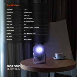 Porodo Wireless Mirroring Multi‑Angle Projector – Full HD, 40–130″, WiFi/Bluetooth Mirroring, Android Smart Projector